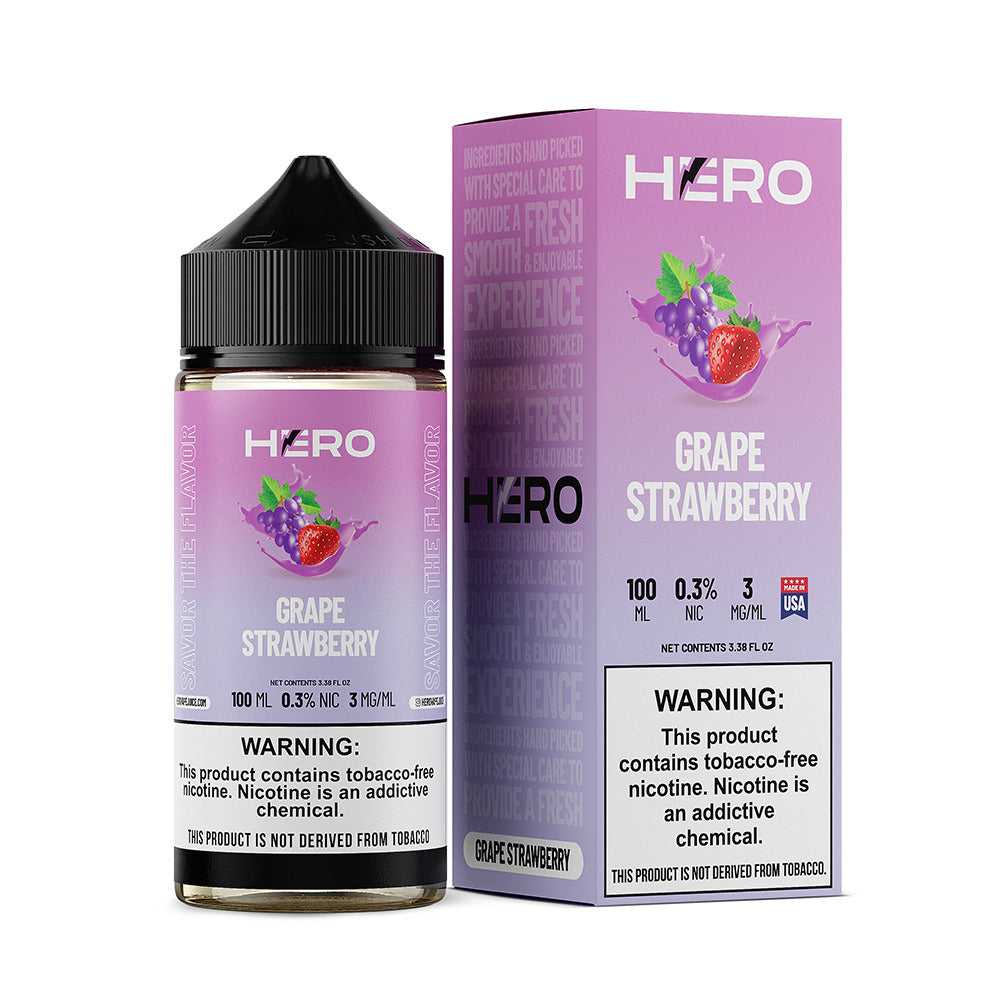 Hero E-Liquid 100mL (Freebase) | 3mg Grape Strawberry with packaging
