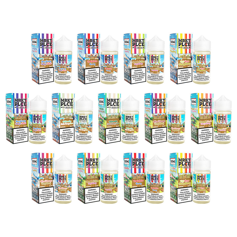 MRKT PLCE Series E-Liquid 100mL (Freebase) Group Photo with packaging