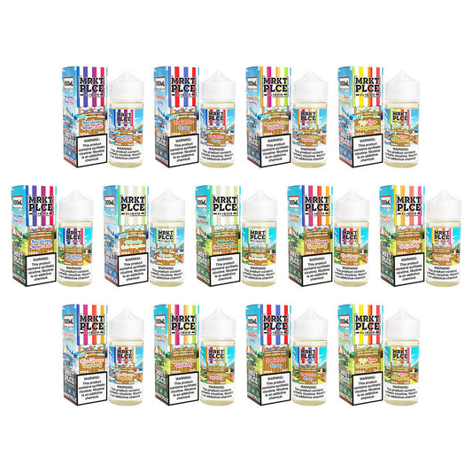 MRKT PLCE Series E-Liquid 100mL (Freebase) Group Photo with packaging