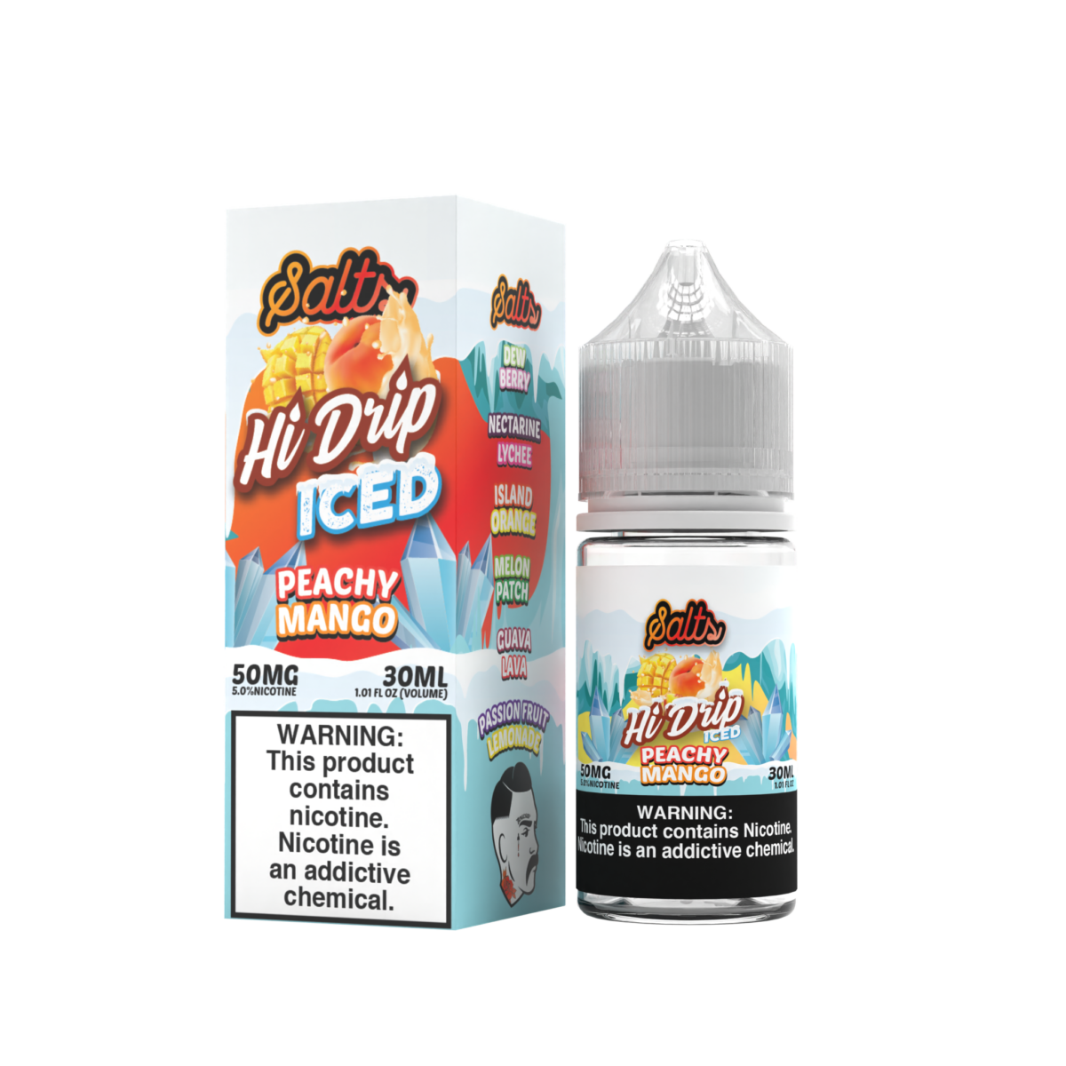 Hi-Drip Salt Series E-Liquid 30mL (Salt Nic) | 50mg Peachy Mango Iced with packaging