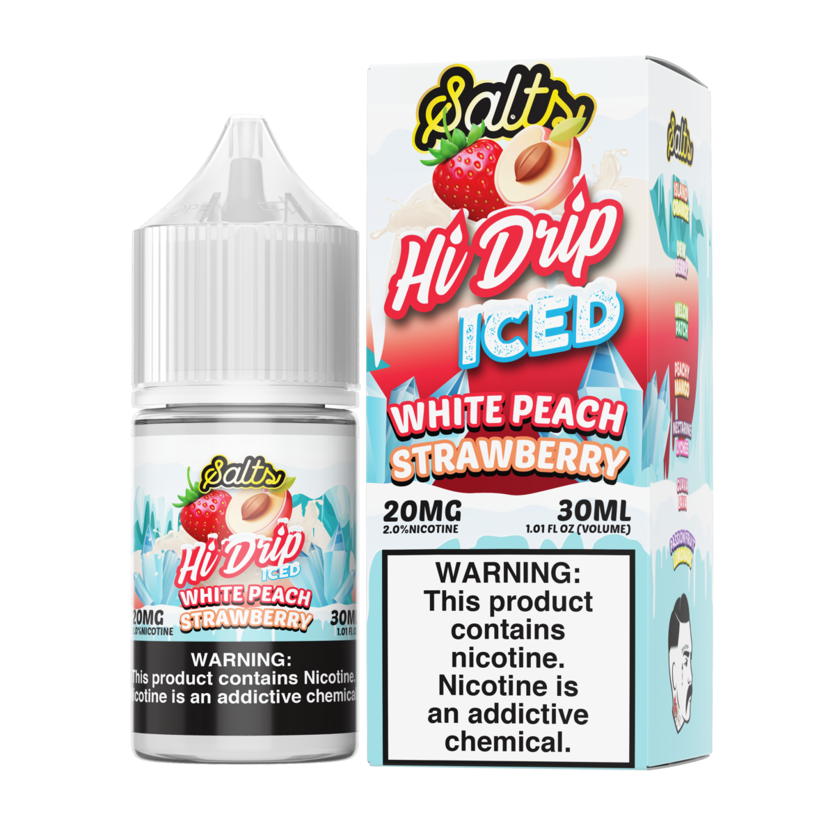 Hi-Drip Salt Series E-Liquid 30mL (Salt Nic) | 20mg White Peach Strawberry Iced with packaging
