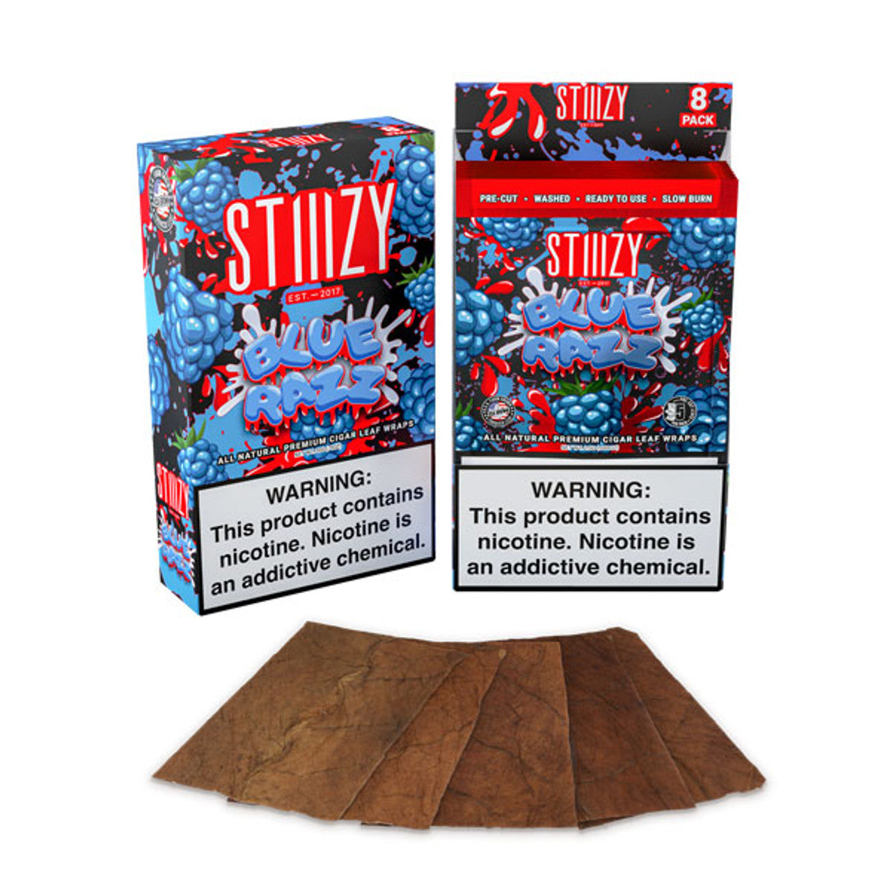 Stiiizy All Natural Premium Cigar Leaf Wraps 8ct Blue Razz with Packaging