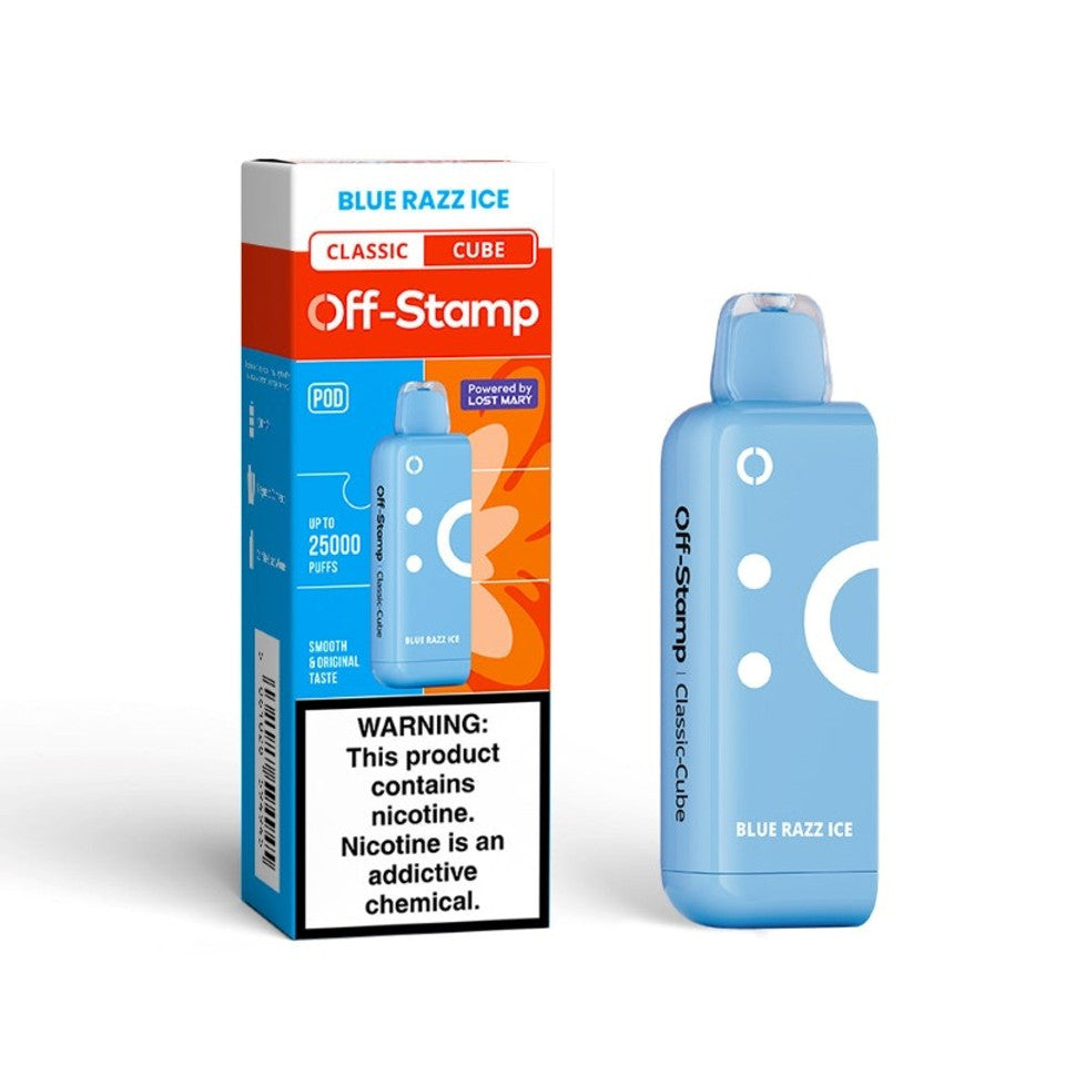 Off-Stamp X Cube Pod 25K 5Ct Blue Razz Ice with packaging