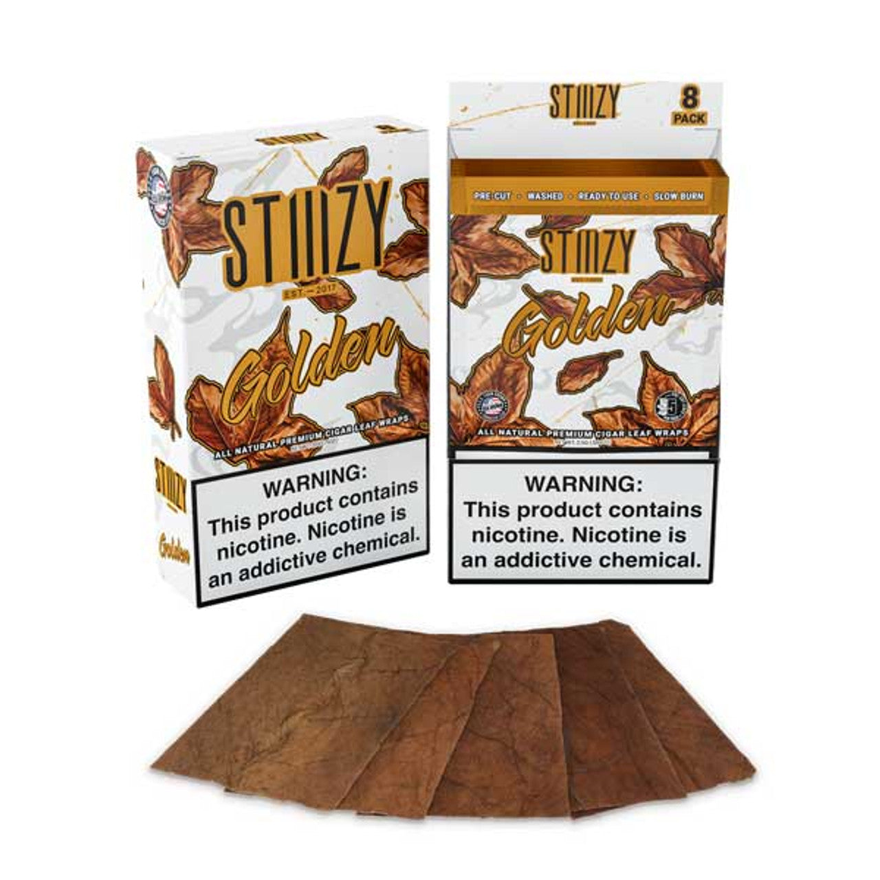 Stiiizy All Natural Premium Cigar Leaf Wraps 8ct Golden with Packaging