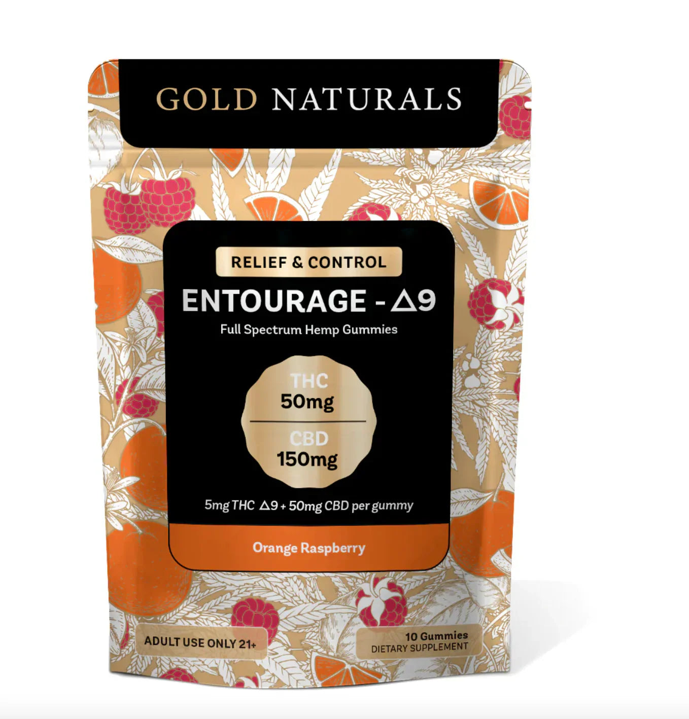 Gold Naturals Entourage D9 Hemp Gummies 10Ct Orange Raspberry (Relief & Control)