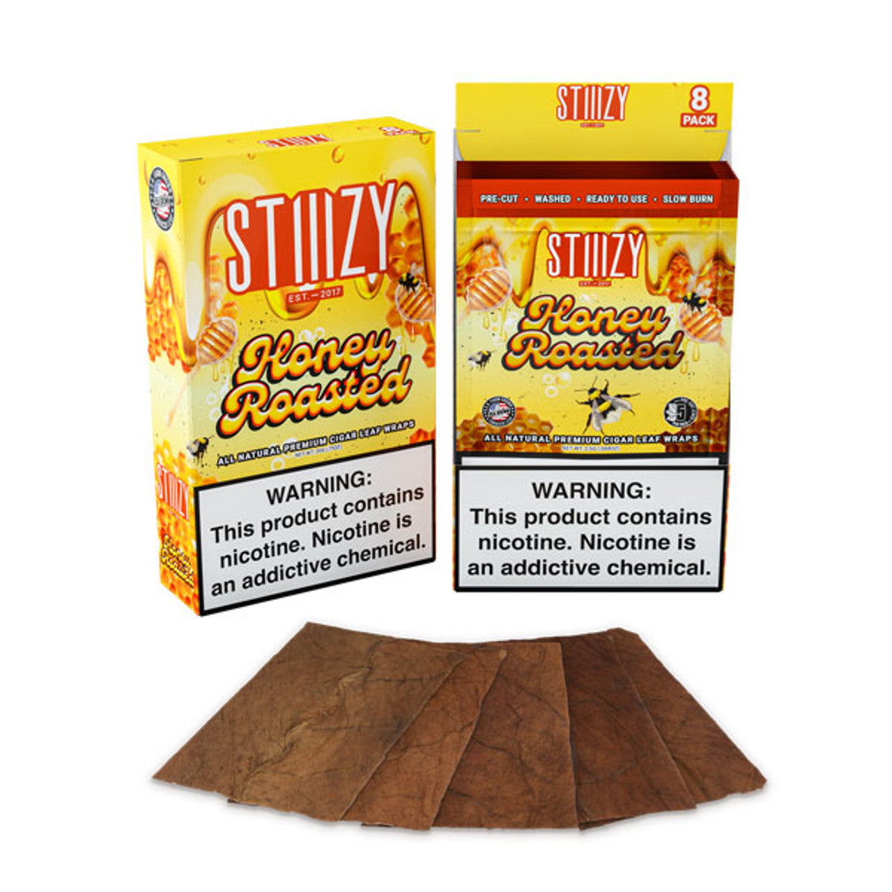 Stiiizy All Natural Premium Cigar Leaf Wraps 8ct Honey Roasted with Packaging