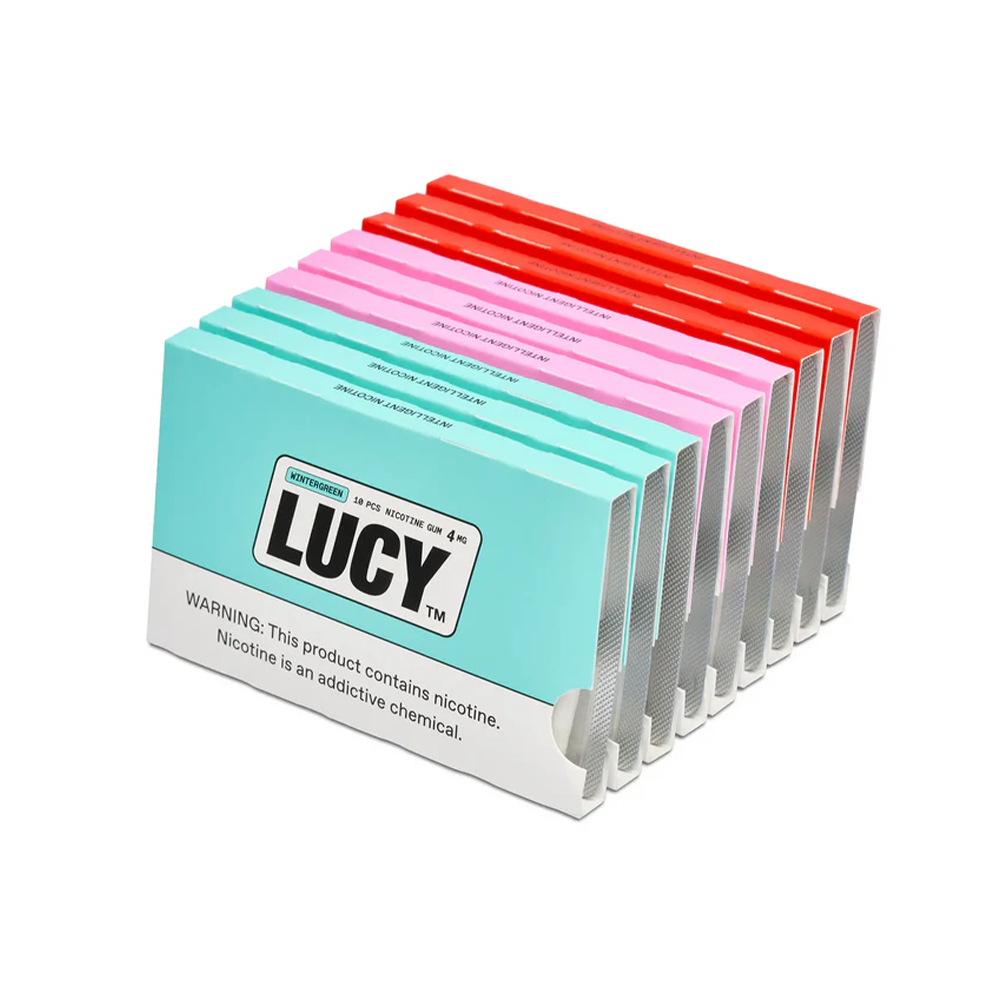 Lucy Nicotine Gum 10-Piece Blister Pack | MOQ 10 Group Photo with Packaging