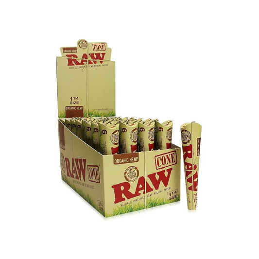 Raw Organic Hemp Cones 1¼” 6-Sheet Booklet (24-Booklet Display) Raw Classic BLACK Rolling Papers (24pc Display) with Packaging