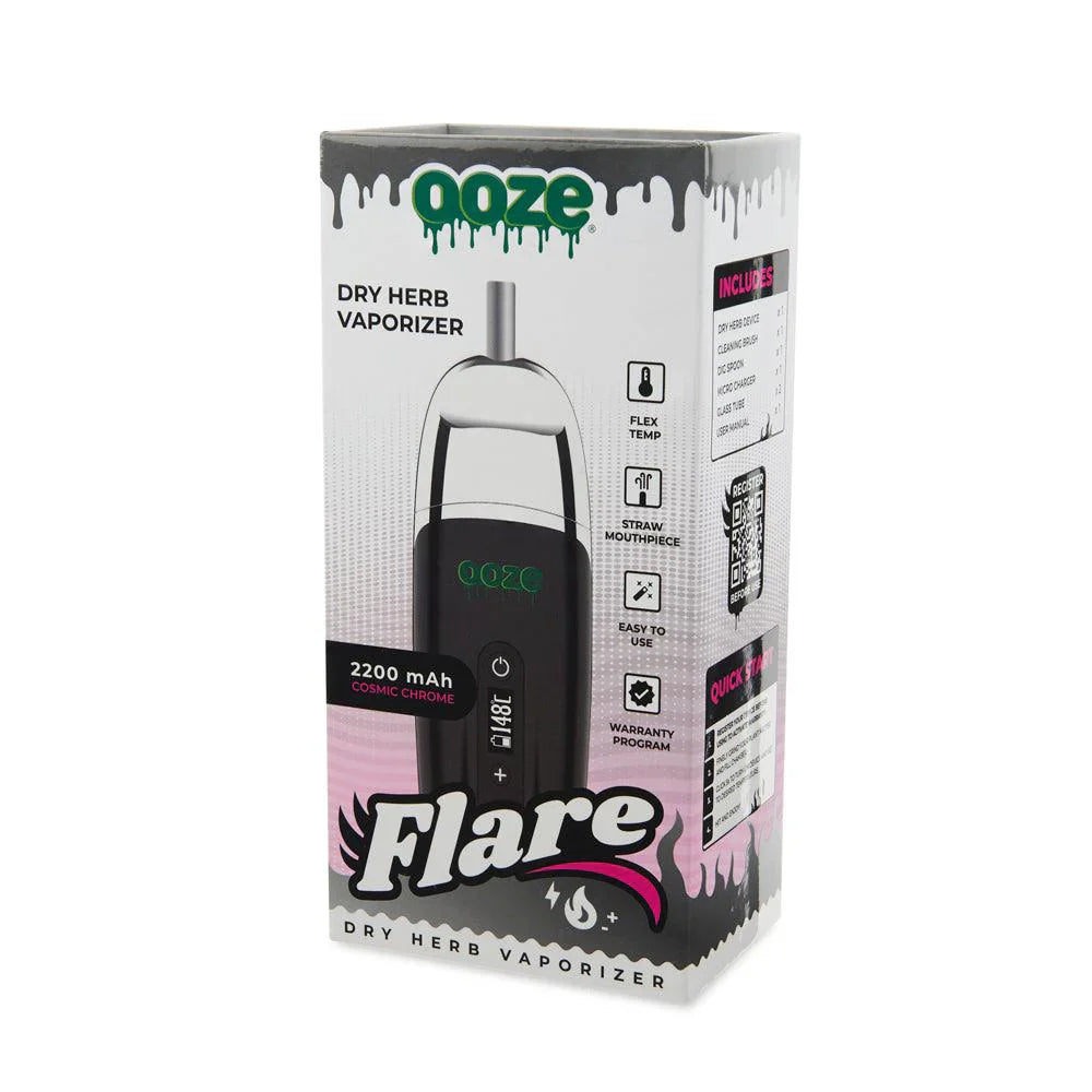 Ooze Flare Dry Herb Vaporizer Cosmic Chrome with packaging