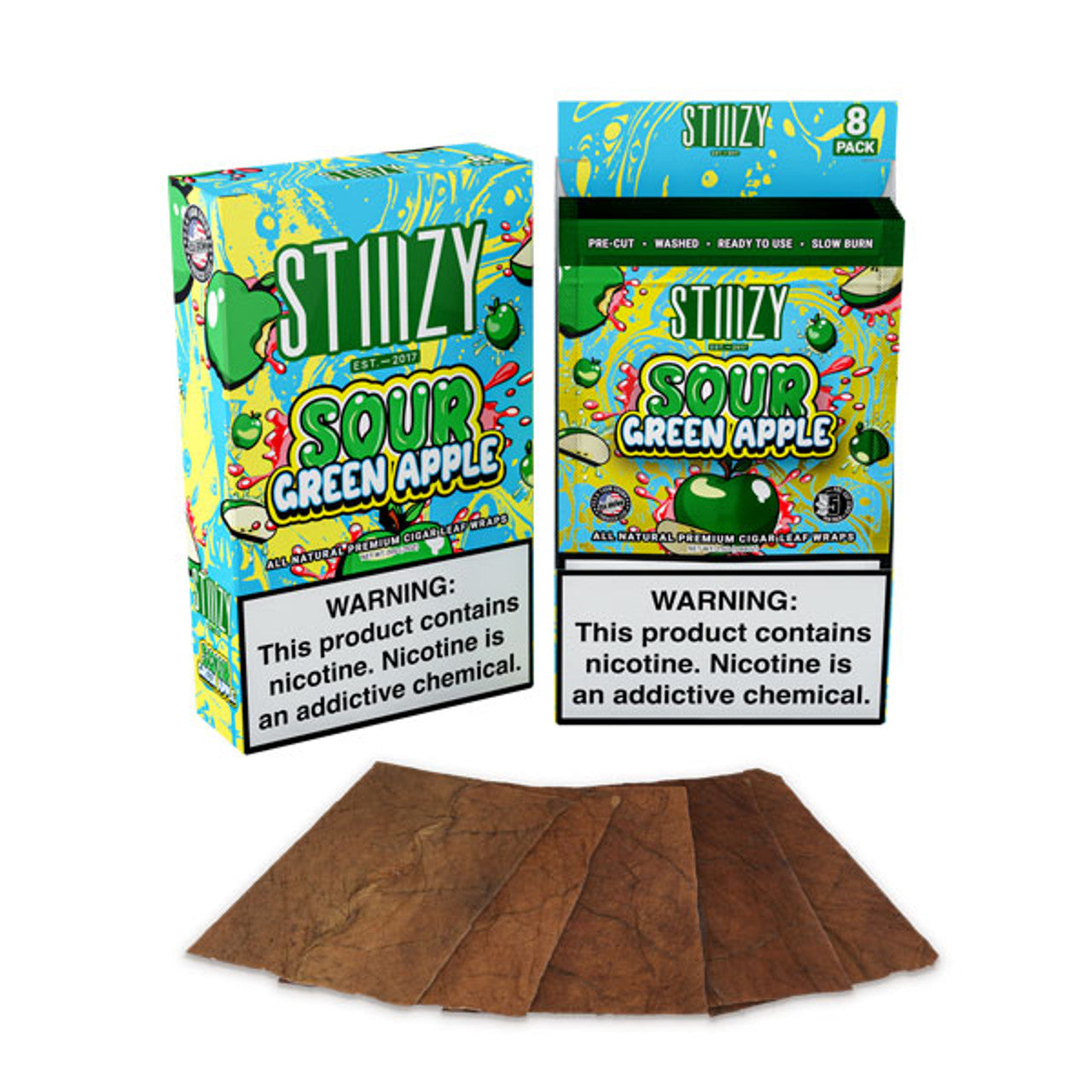 Stiiizy All Natural Premium Cigar Leaf Wraps 8ct Sour Green Apple with Packaging