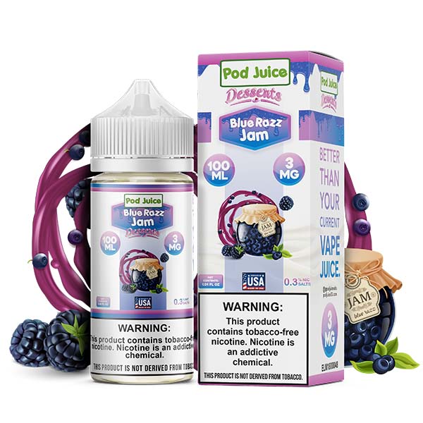 Pod Juice Series E-Liquid 100mL (Freebase) | 3mg Blue Razz Jam with Packaging