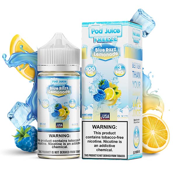 Pod Juice Series E-Liquid 100mL (Freebase) | 3mg blue Razz Lemonade Freeze with Packaging