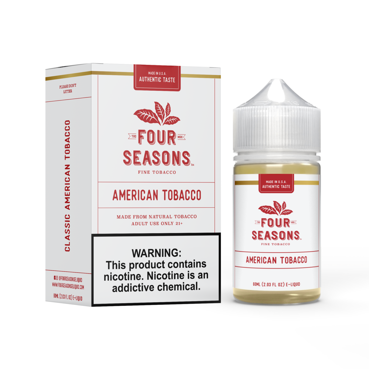 Four Seasons E-Liquid 60mL (Freebase) | 0mg American Tobacco with Packaging