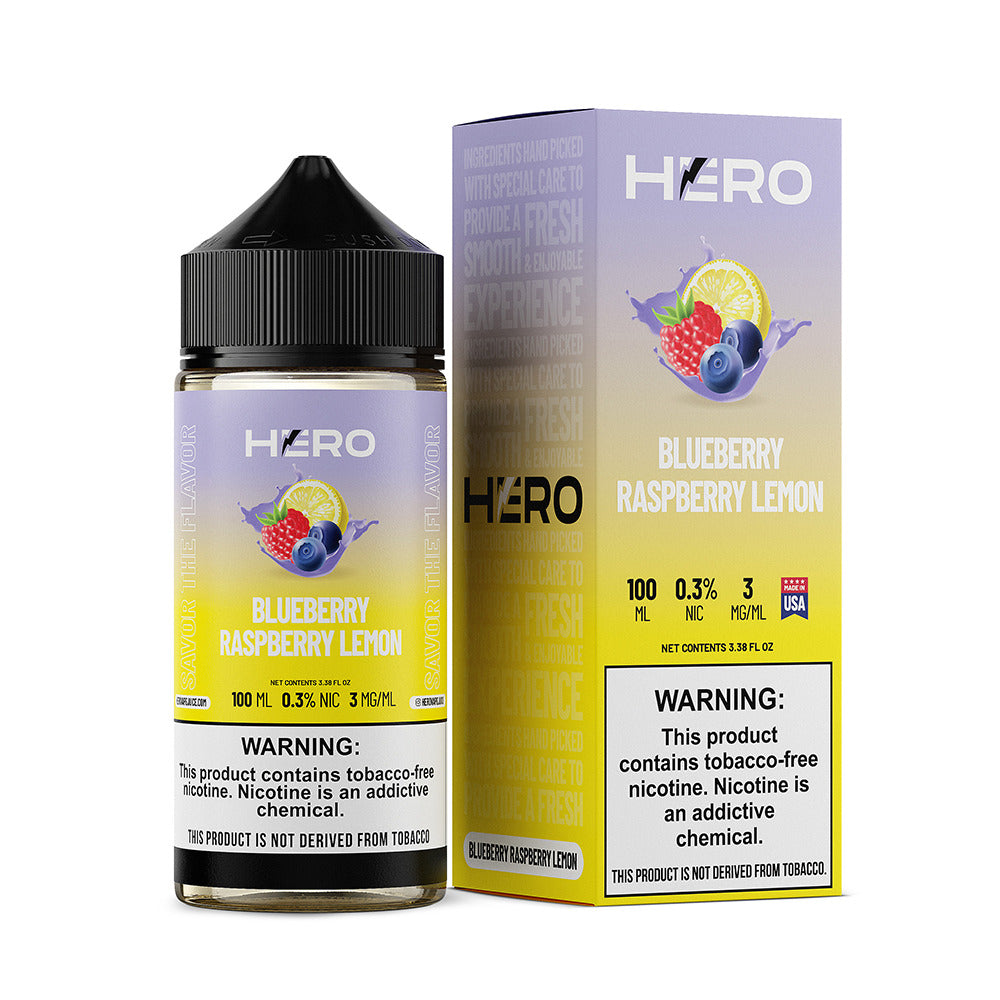 Hero E-Liquid 100mL (Freebase) | 3mg Blue Raspberry Lemon with packaging