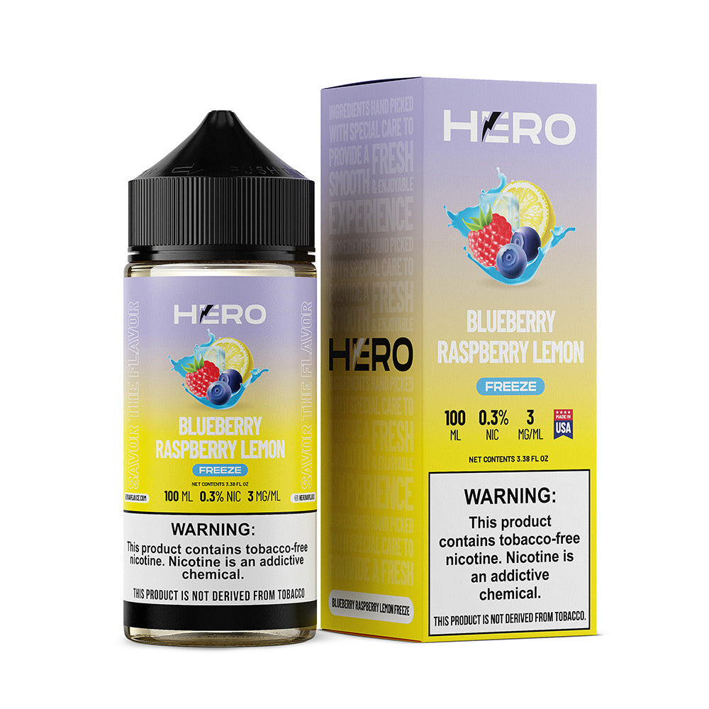 Hero E-Liquid 100mL (Freebase) | 3mg Blue Raspberry Lemon Freeze with packaging