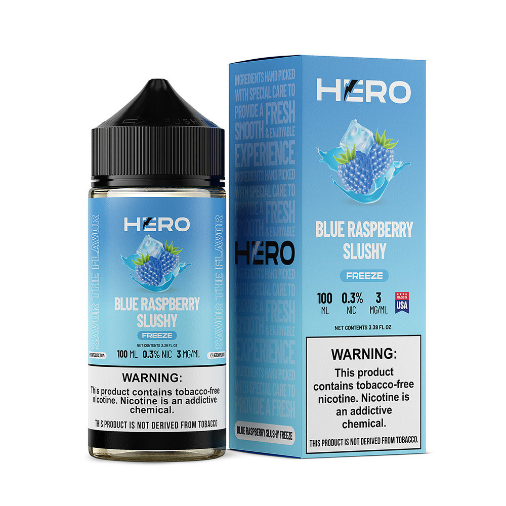 Hero E-Liquid 100mL (Freebase) | 3mg Blue Raspberry Slushy Freeze with packaging