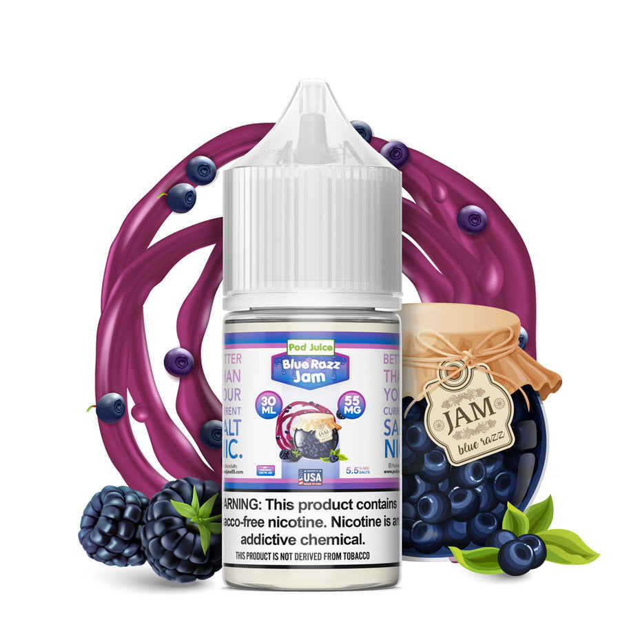 Pod Juice Salt Series E-Liquid 30mL Blue Razz Jam bottle