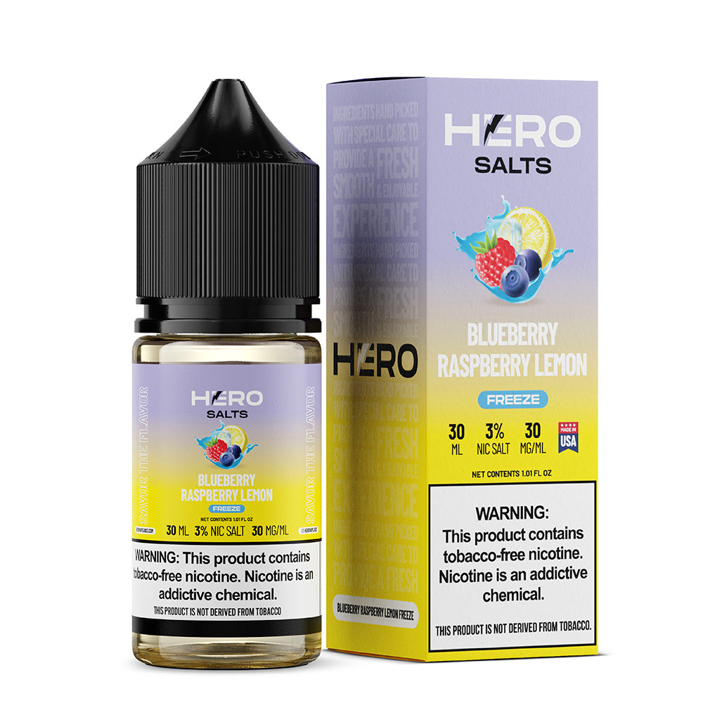 Hero E-Liquid 30mL (Salts) | Blueberry Raspberry Lemon Freeze with packaging