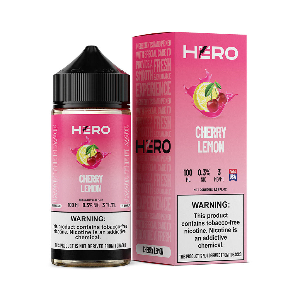 Hero E-Liquid 100mL (Freebase) | 3mg Cherry Lemon with packaging