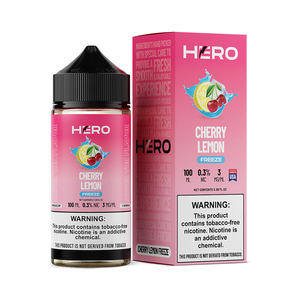 Hero E-Liquid 100mL (Freebase) | 3mg Cherry Lemon Freeze with packaging