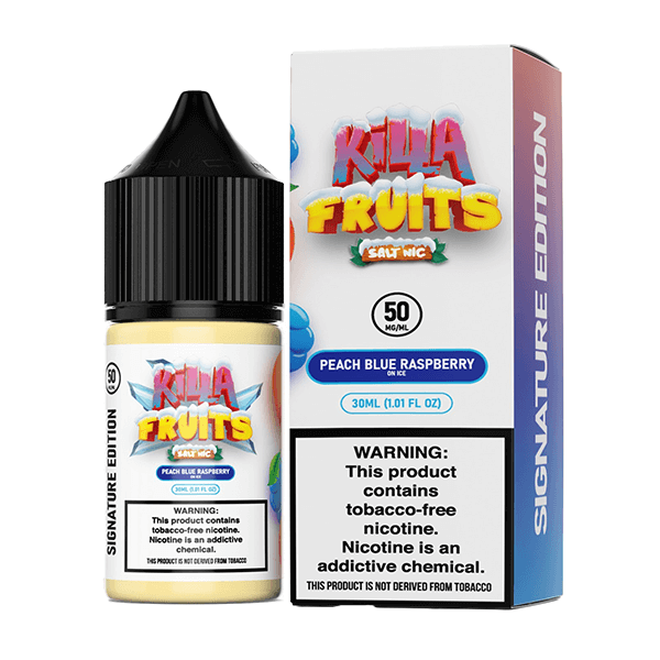 Killa Fruits Signature TFN Salt Series E-Liquid 30mL (Salt Nic) | 50mg Peach Blue Raspberry on Ice with packaging