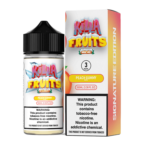 Killa Fruits Signature TFN Series E-Liquid 100mL (Freebase) | 3mg Peach Gummy on Ice with packaging