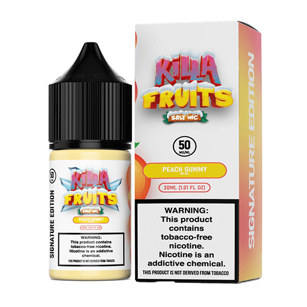 Killa Fruits Signature TFN Salt Series E-Liquid 30mL (Salt Nic) | 50mg Peach Gummy On Ice with packaging