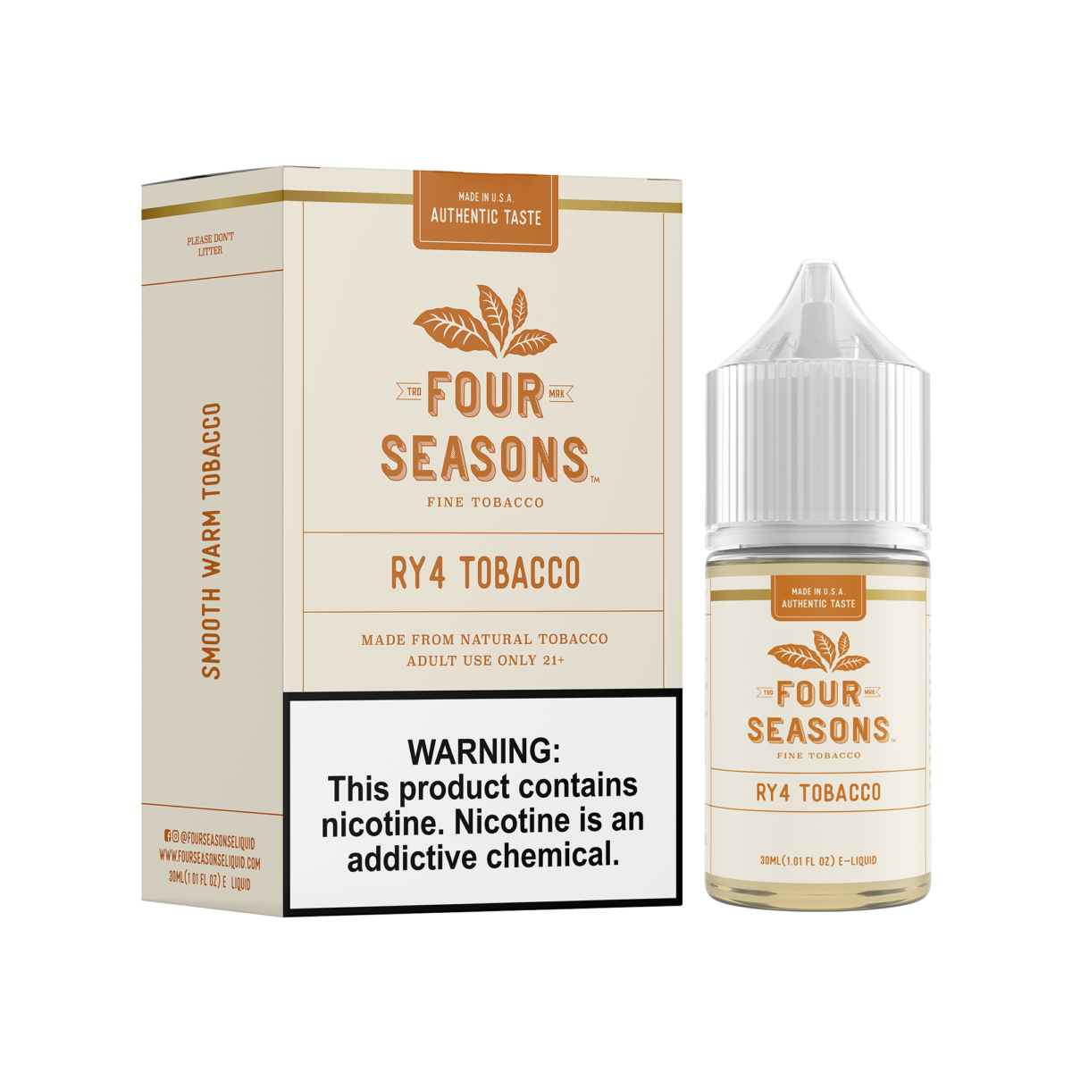 Four Seasons E-Liquid 30mL (Freebase) | 0mg Ry4 Tobacco with packaging