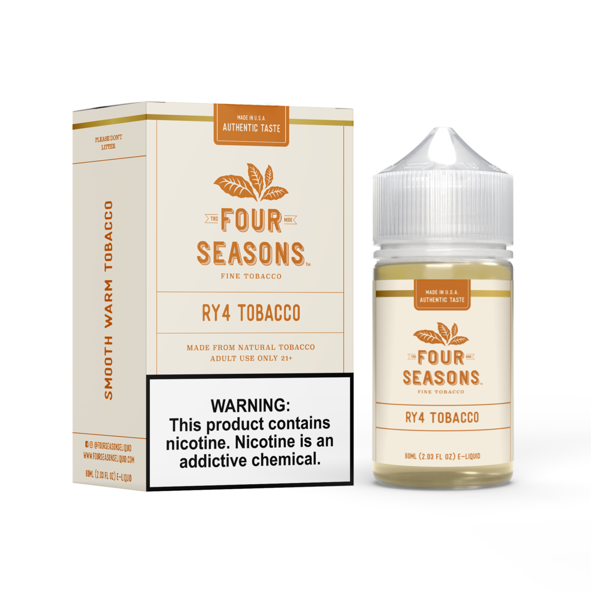 Four Seasons E-Liquid 60mL (Freebase) | 0mg Ry4 Tobacco with packaging