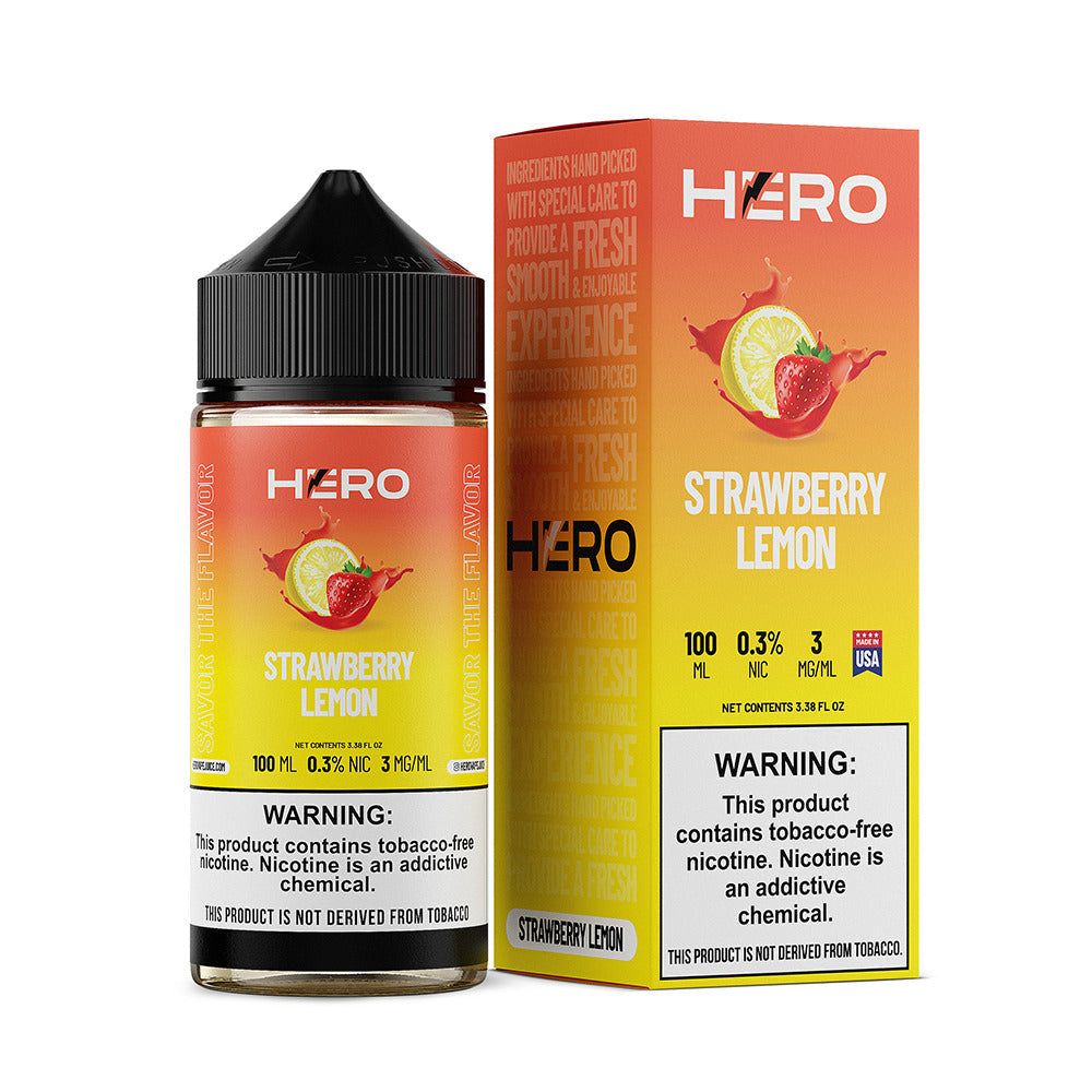 Hero E-Liquid 100mL (Freebase) | 3mg Strawberry Lemon with packaging