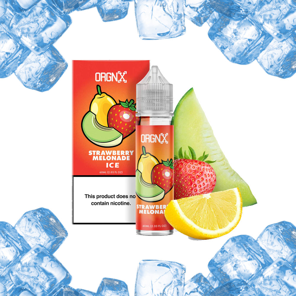 ORGNX Series E-Liquid 6mg | 60mL (Freebase) Strawberry Melonade Ice With Packaging With Background