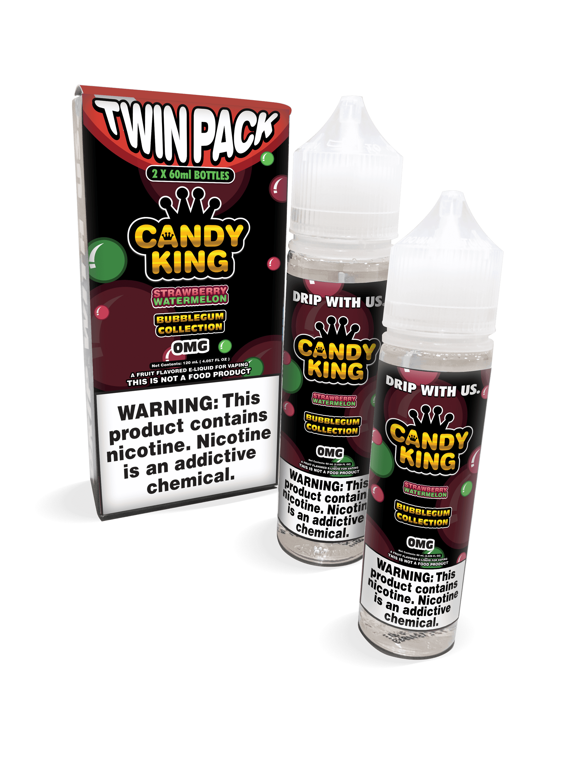 Candy King Bubblegum Series E-Liquid 120mL (Freebase) | 0mg Strawberry Watermelon with packaging