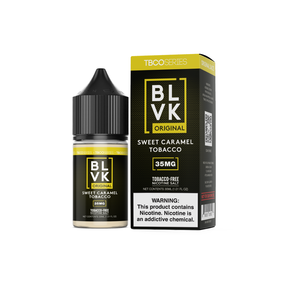 BLVK TFN Salt Series E-Liquid 30mL (Salt Nic) | Sweet Caramel Tobacco with packaging