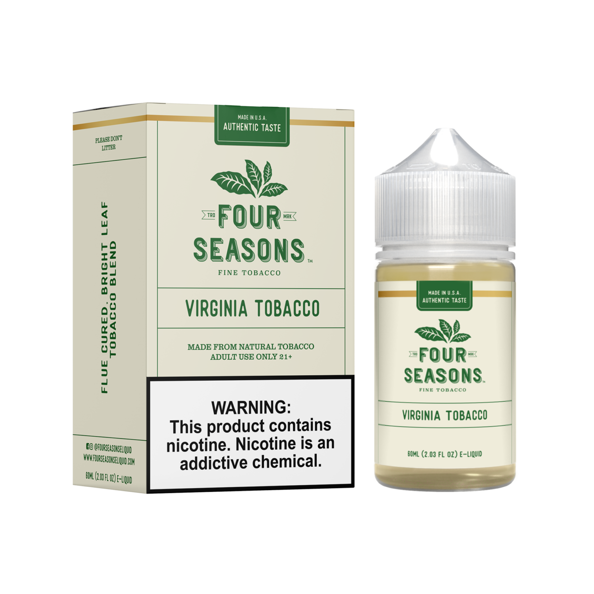 Four Seasons E-Liquid 60mL (Freebase) | 0mg Virginia Tobacco with packaging