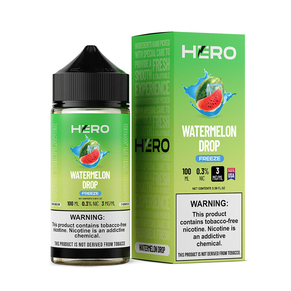 Hero E-Liquid 100mL (Freebase) | 3mg Watermelon Drop Freeze  with packaging