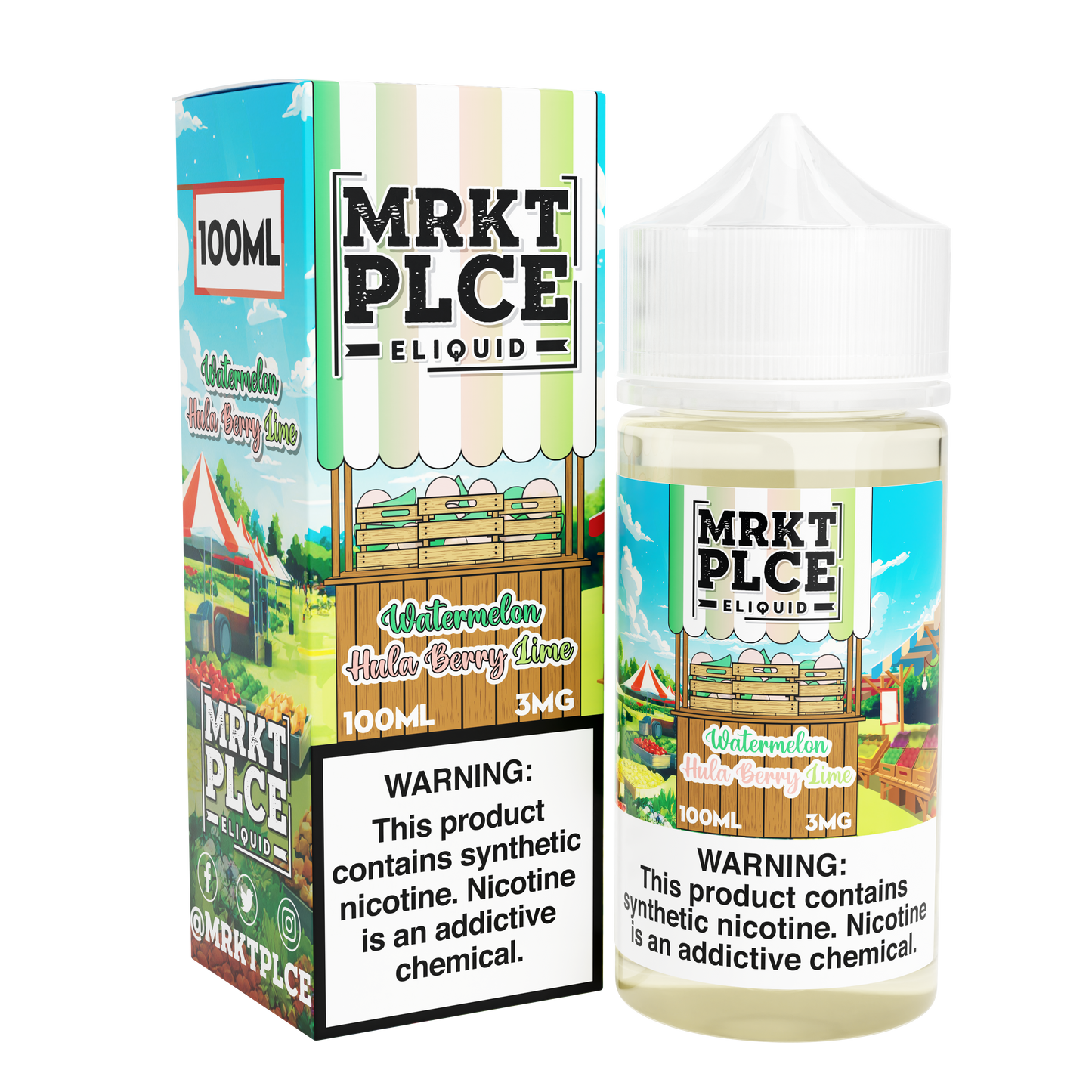 MRKT PLCE Series E-Liquid 100mL (Freebase) | 3mg Watermelon Hulaberry Lime with packaging