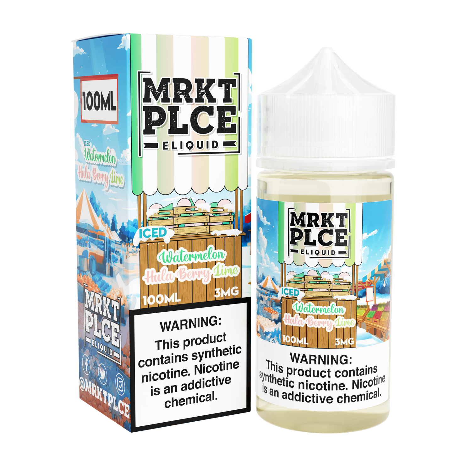 MRKT PLCE Series E-Liquid 100mL (Freebase) | 3mg Watermelon Hulaberry Lime Iced with packaging