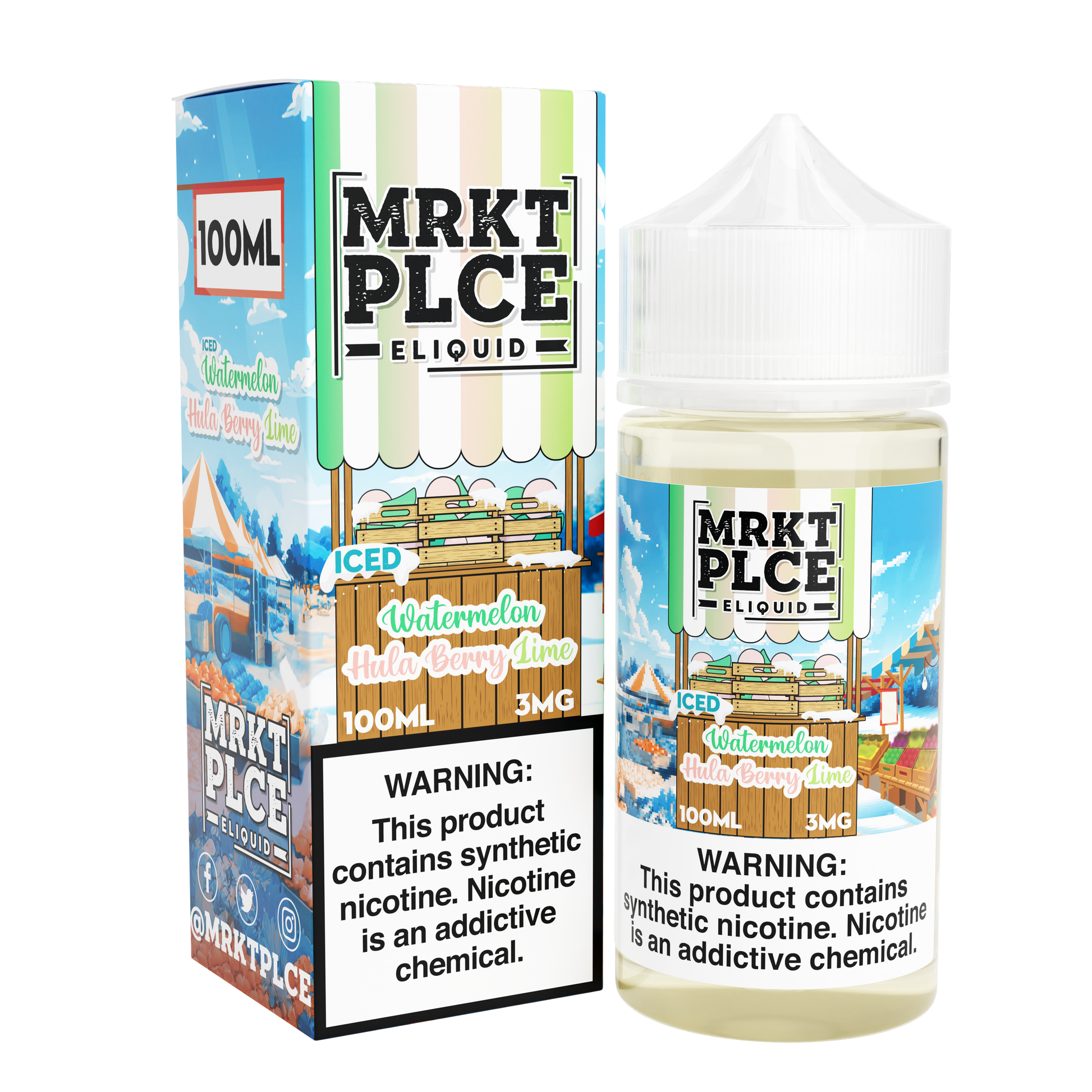 MRKT PLCE Series E-Liquid 100mL (Freebase) | 3mg Watermelon Hulaberry Lime Iced with packaging