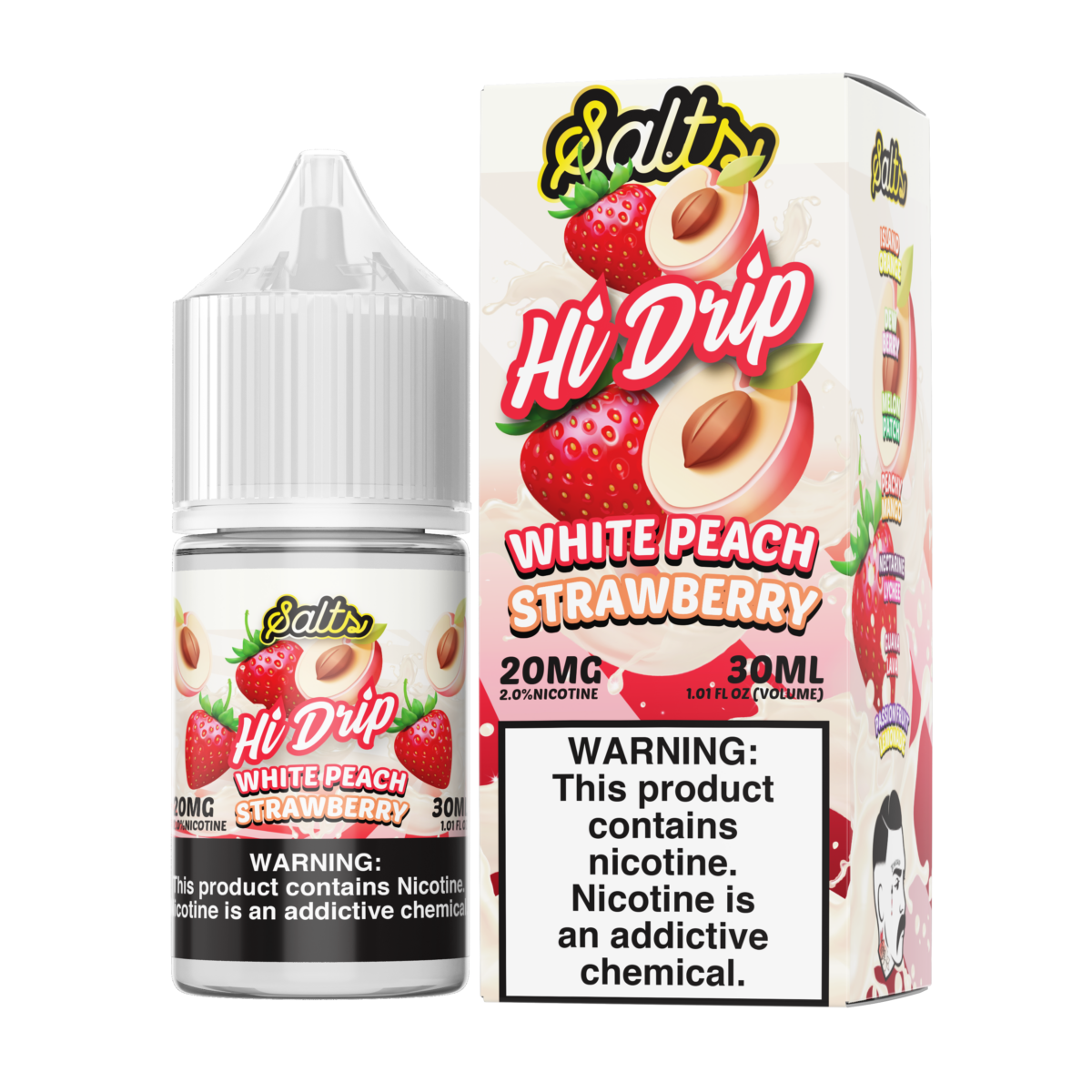 Hi-Drip Salt Series E-Liquid 30mL (Salt Nic) | 20mg White Peach Strawberry with packaging